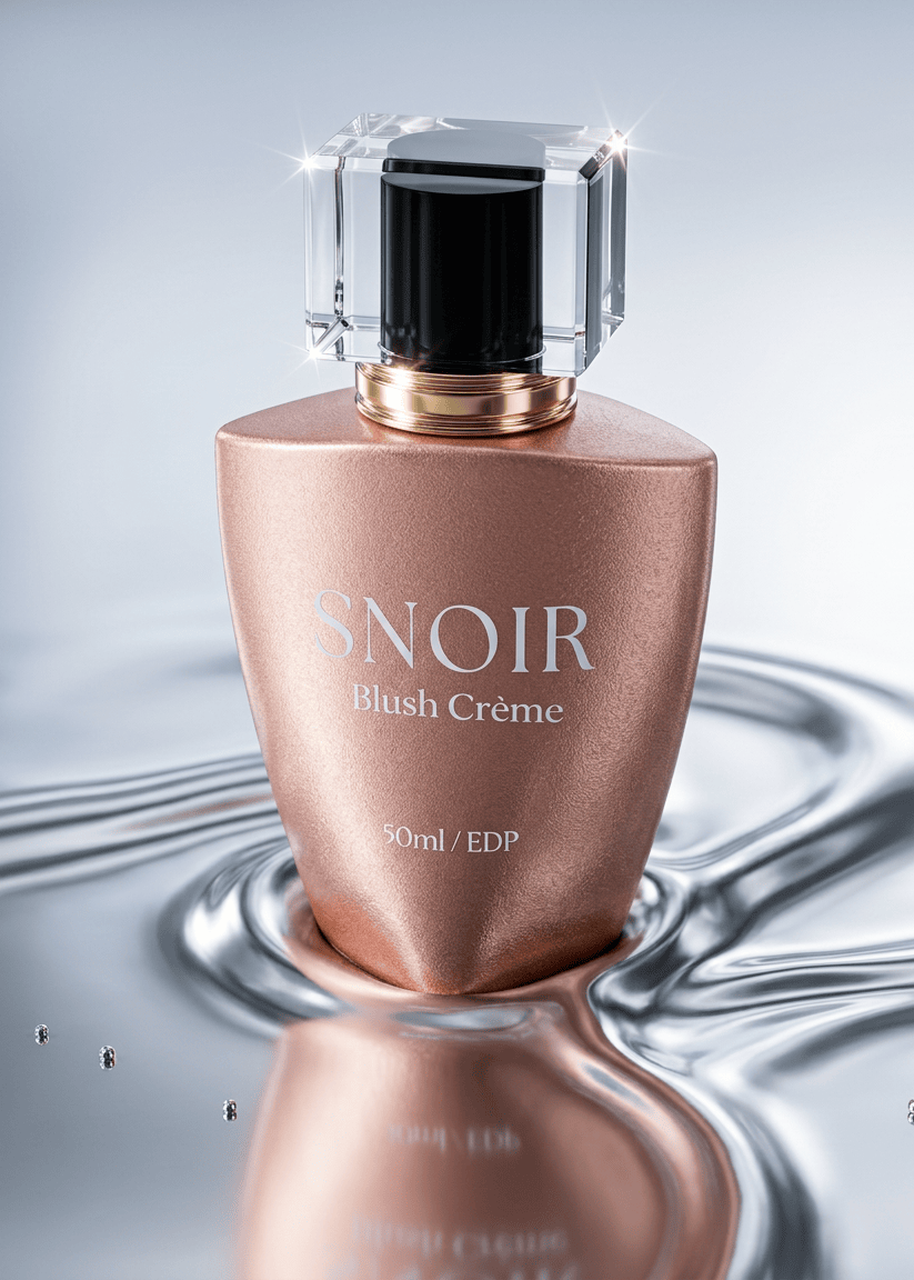 Snoir Blush Cèreme perfume bottle on a reflective surface with a gray background