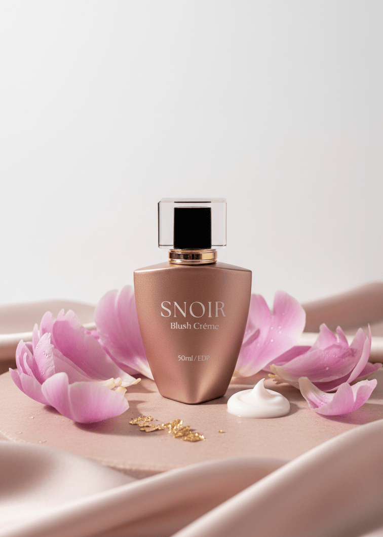 Perfume bottle labeled 'Snoir' with pink flowers on a light background