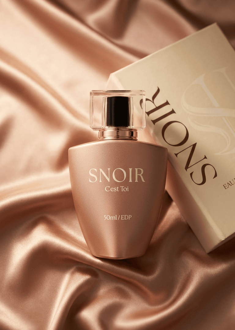 Snoir perfume bottle and box on a satin surface