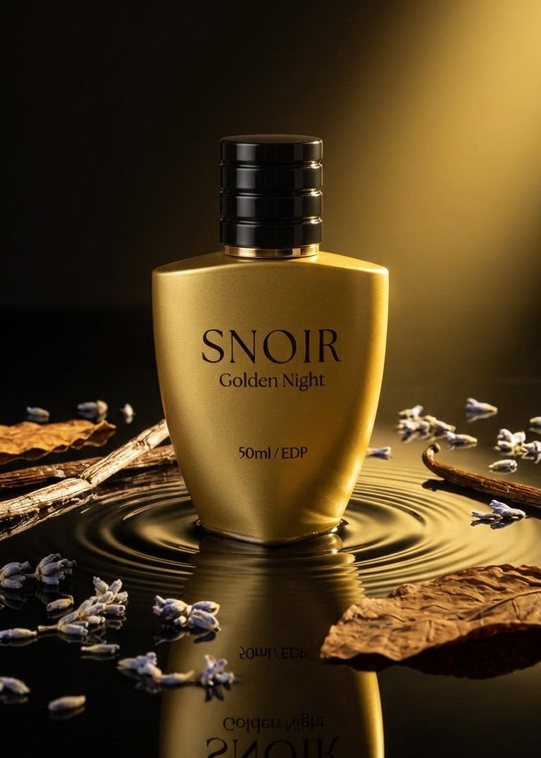Gold perfume bottle labeled 'Snoir Golden Night' on a reflective surface with dark background