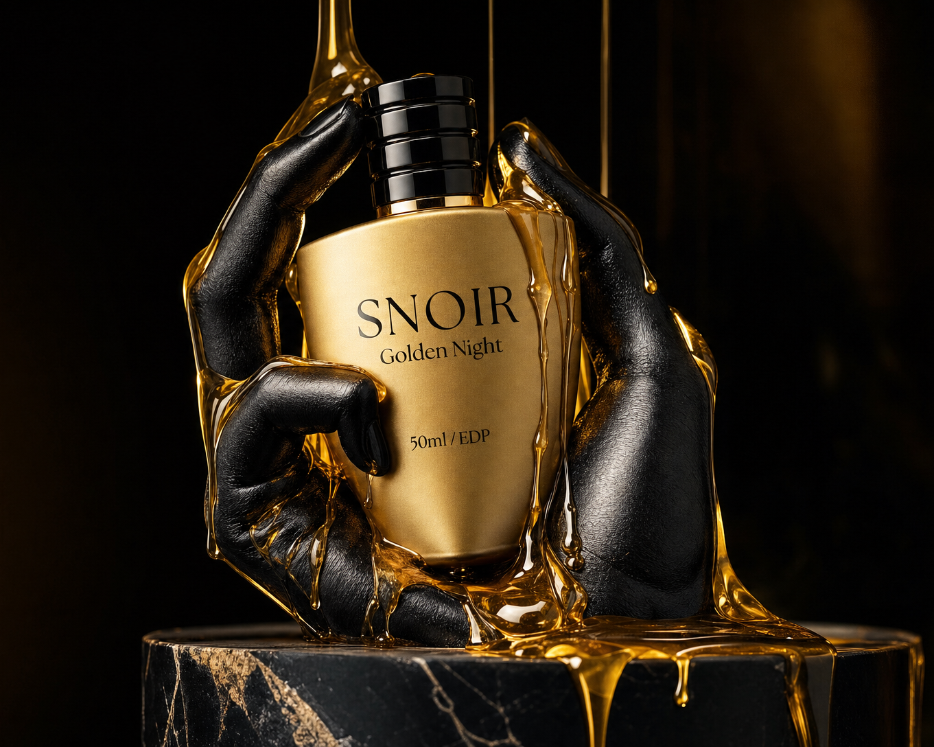 Snoir Golden Night perfume bottle held by black hands on a dark background