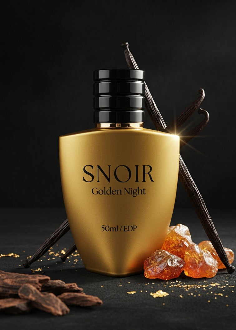 Gold perfume bottle labeled 'Snoir Golden Night' with vanilla beans and amber on a dark background