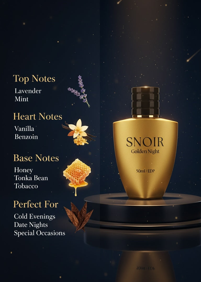 Gold perfume bottle with product details on a dark background