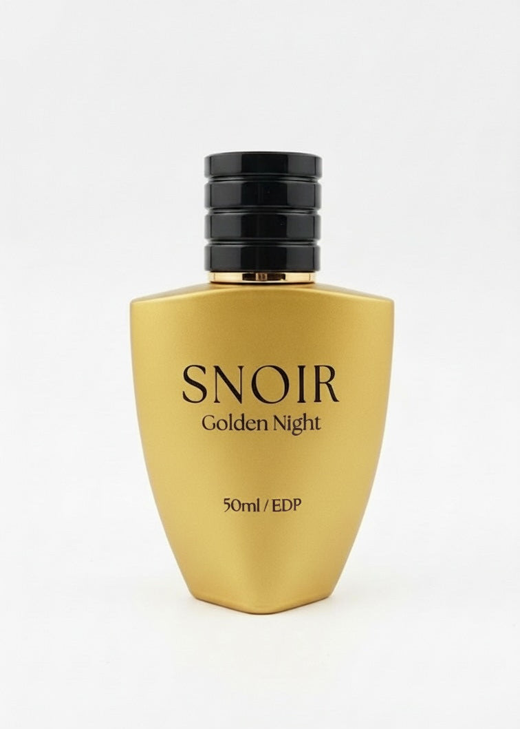 Gold perfume bottle labeled 'Snoir Golden Night' on a white background