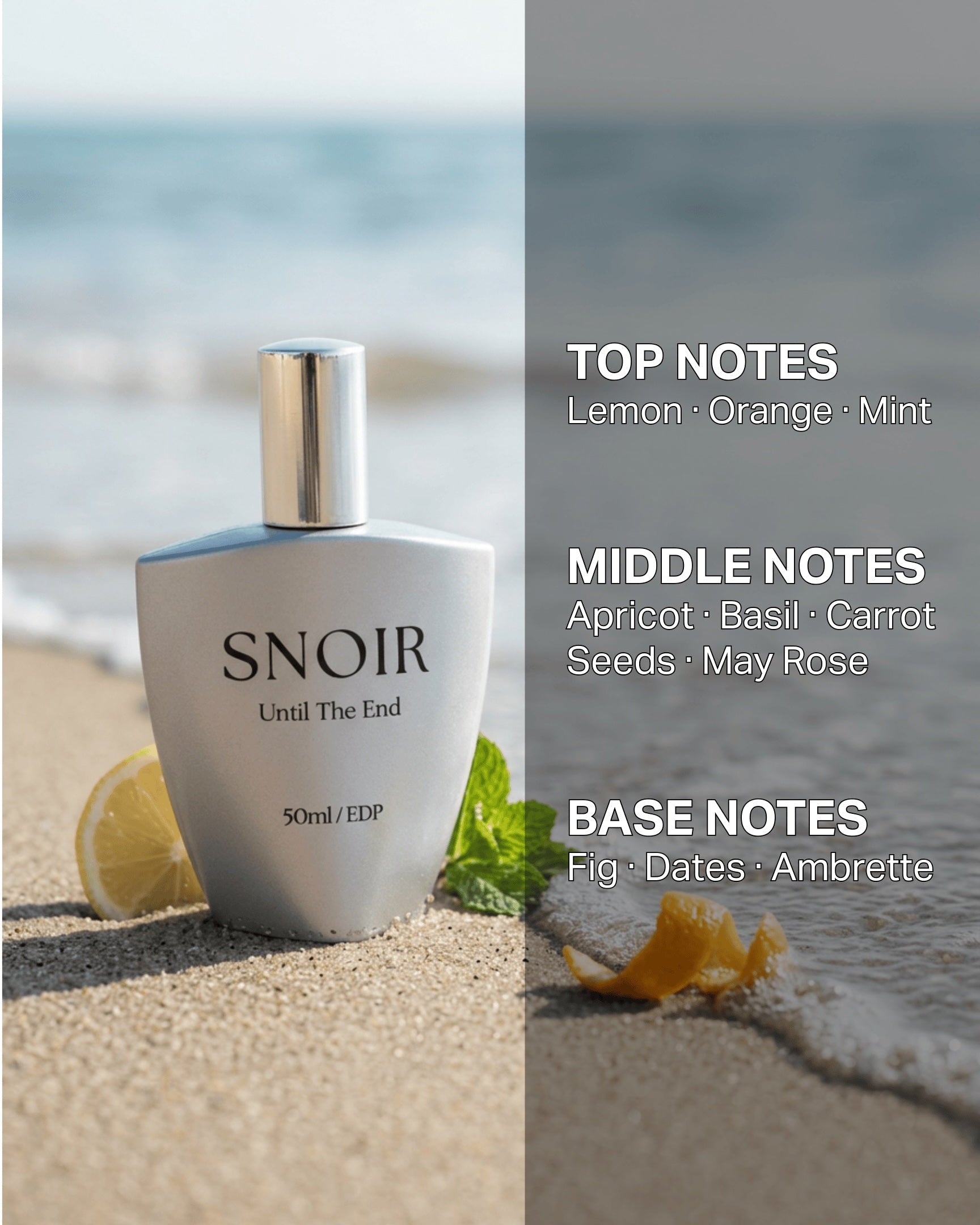 Perfume bottle on a beach with product details on the right