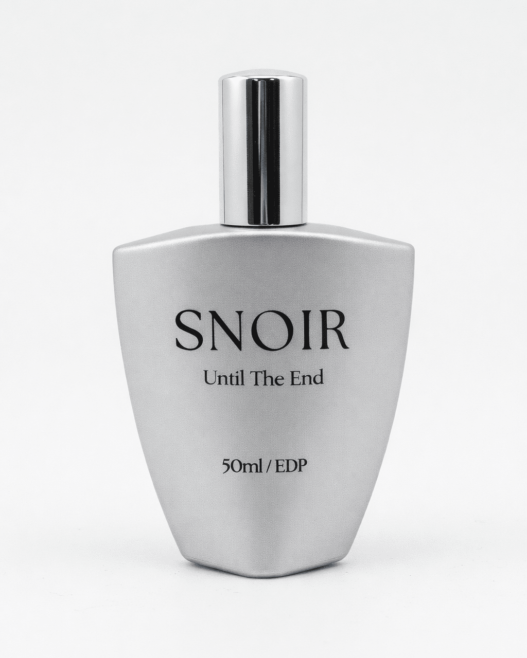 Perfume bottle labeled 'Snoir Until The End' on a white background