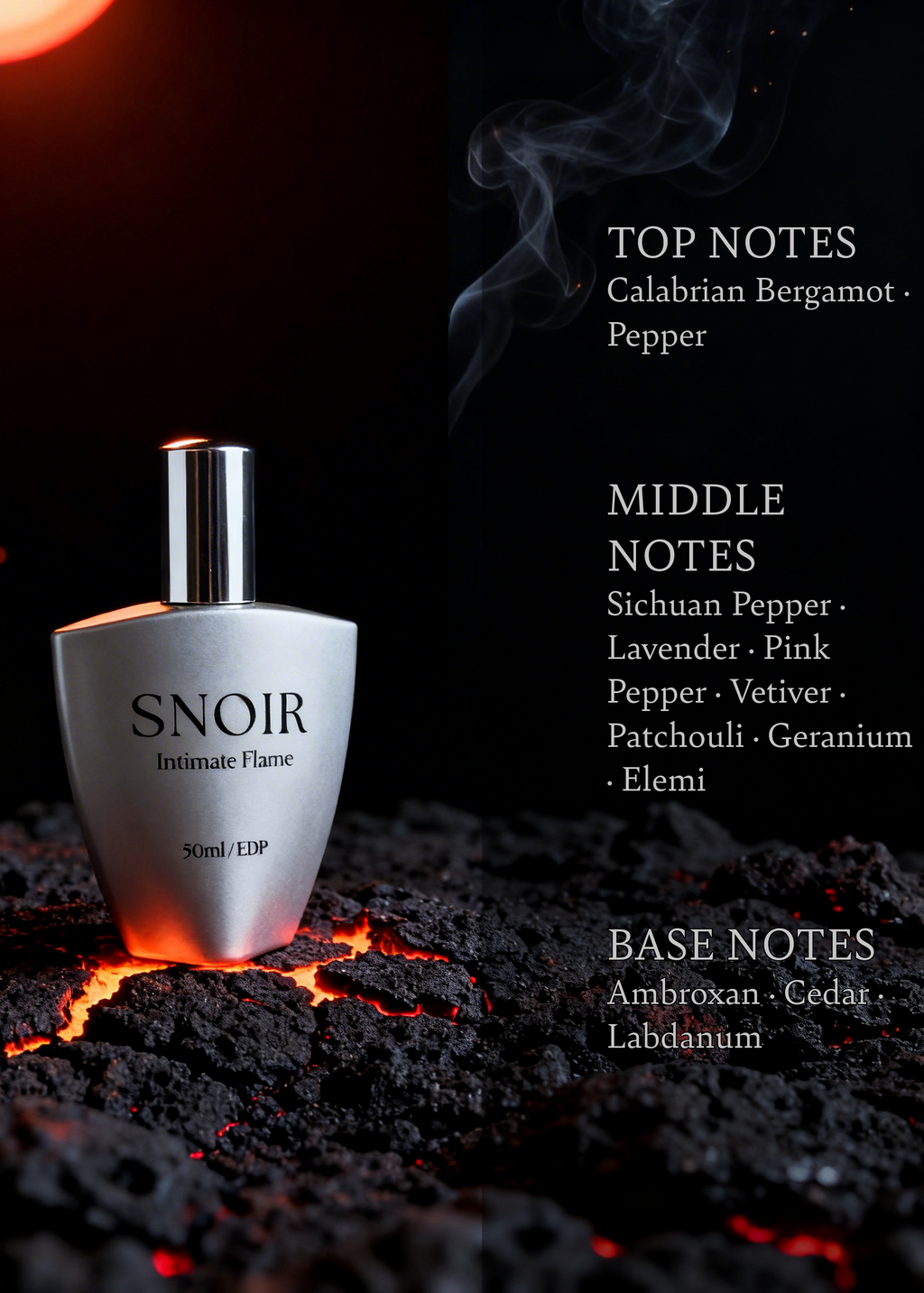 Snoir Intimate Flame perfume bottle with flavor notes on a dark background