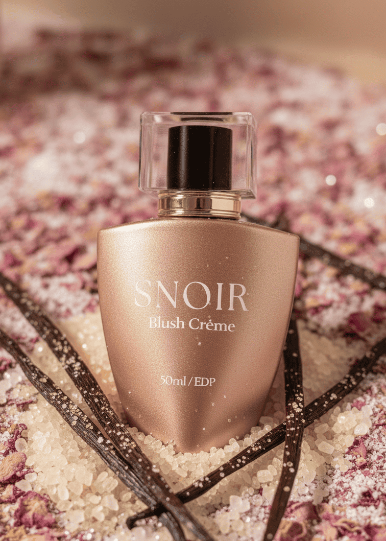 Snoir Blush Creme perfume bottle on a decorative background with vanilla beans and flowers.