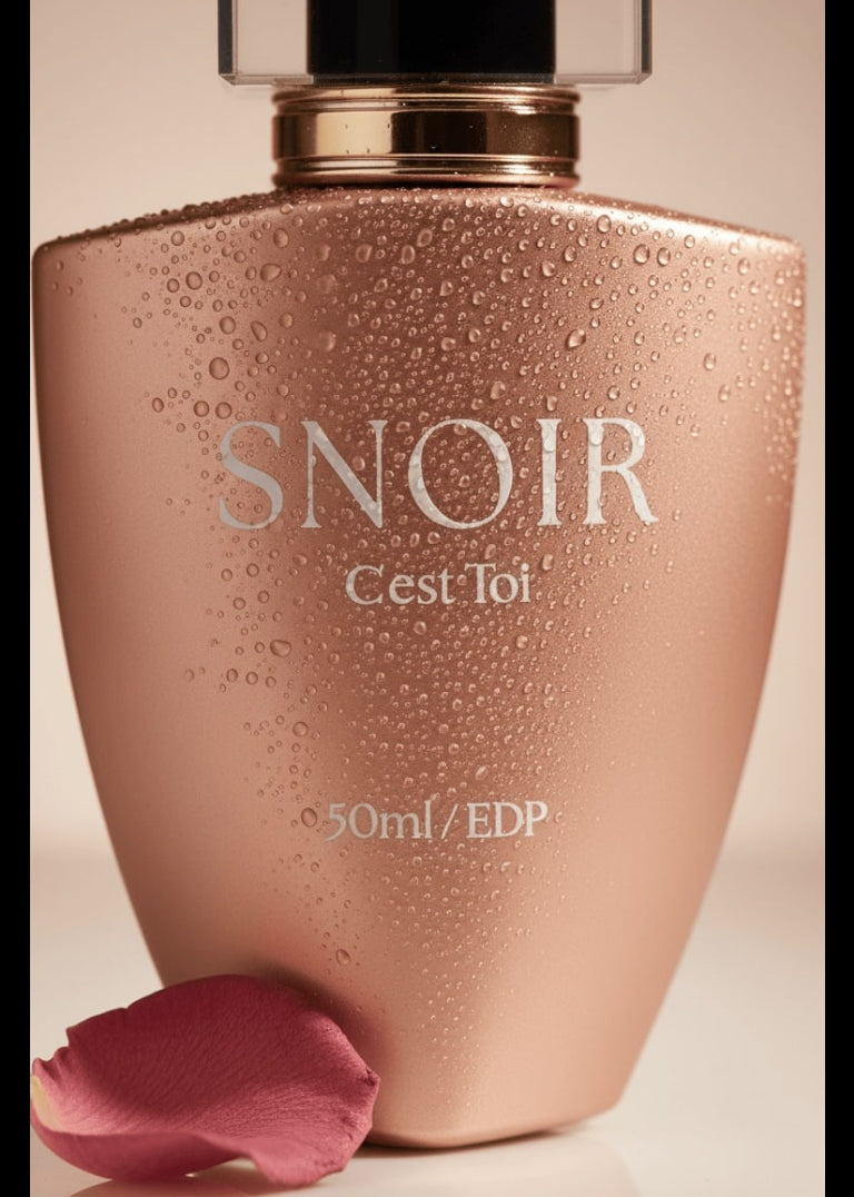 Perfume bottle labeled 'Snoir Cest Toi' with a pink rose petal on a beige background