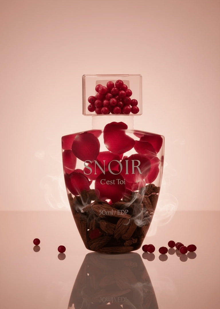 Bottle of Snoir with red berries on a reflective surface