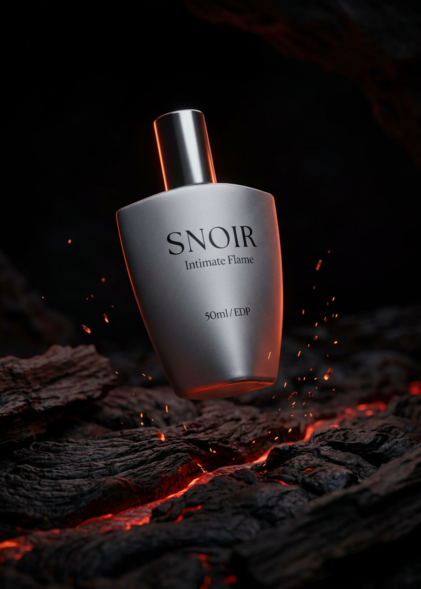 Perfume bottle labeled 'SNOIR Intimate Flame' on a dark background with fiery effects.