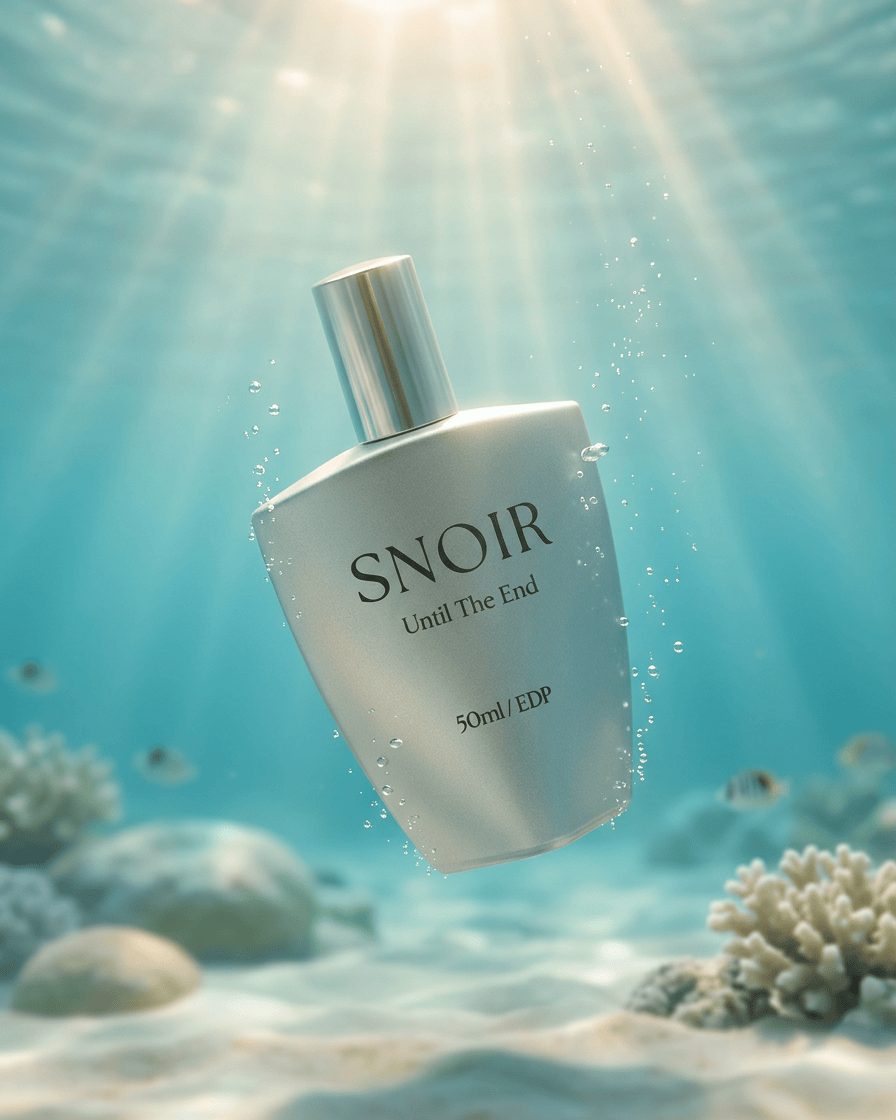 Snoir perfume bottle underwater with sunlight beams